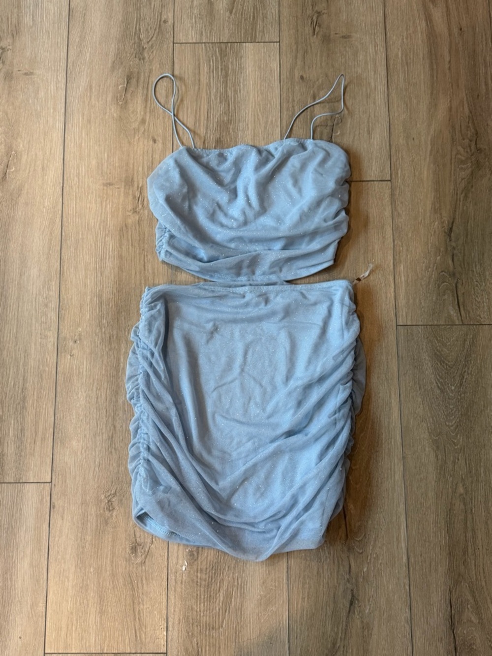 Women's Light Blue Ruched Mesh Skirt - Elegant Evening Style